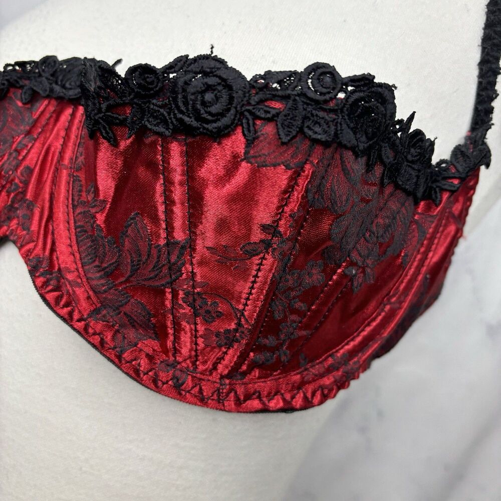 Vintage Intimate attitude Red Satin Bra 38C Barcade Vamp 80s Lingerie Gothic vtg - Picture 7 of 14